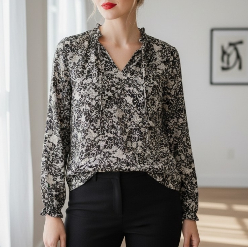 Michael Kors Lace Print High Neck Keyhole Tie Top